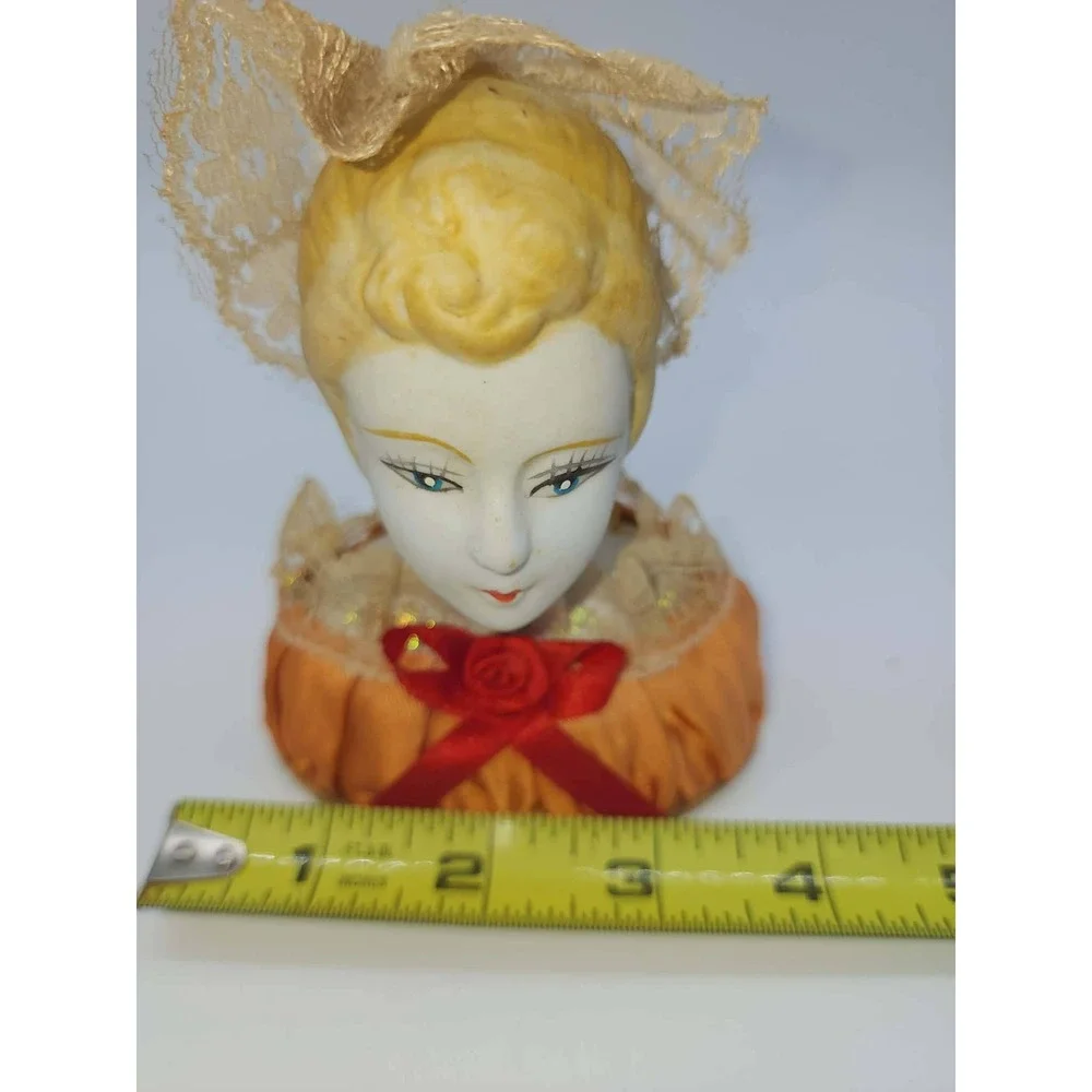 Vintage Porcelain Half Doll Pin Cushion Lace Headdress Orange Satin Base Antique - Picture 10 of 11